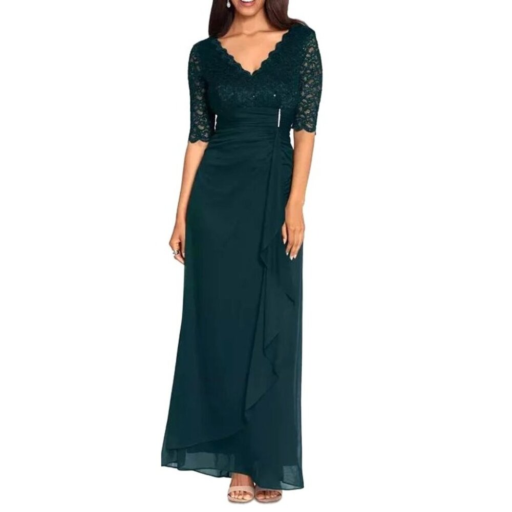 Betsy & Adams 16 Navy Blue Sequin Lace Bodice Gown Ruched Skirt & Beaded Detail - Picture 2 of 11
